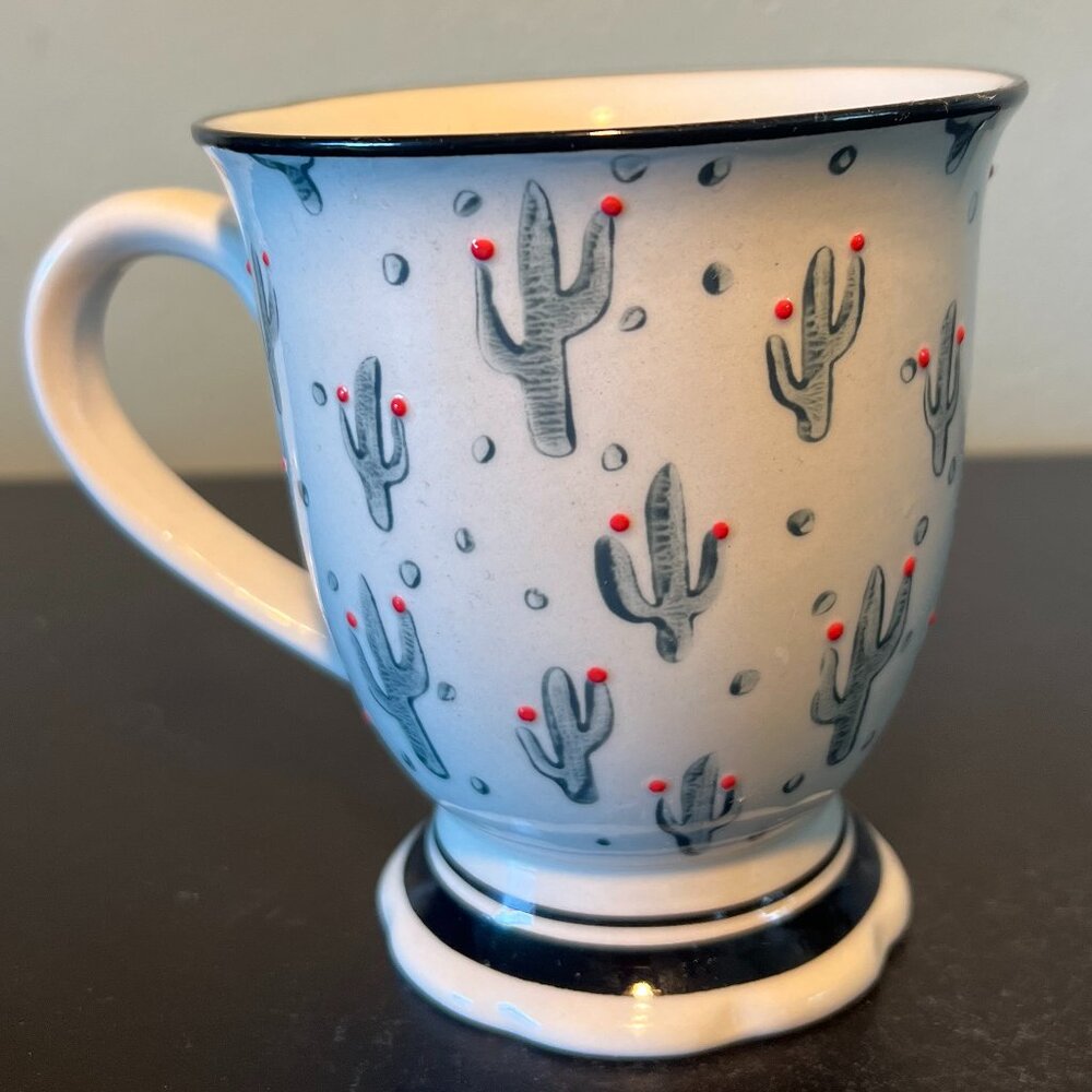 COST PLUS WORLD MARKET Cactus Pedestal Ceramic Coffee Cup Mug Embossed Blossoms